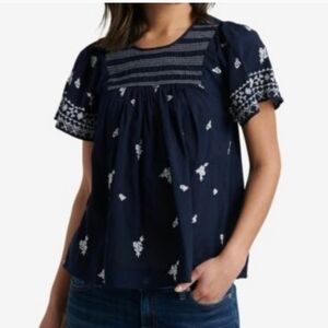 Lucky Brand Boho Embroidered Floral Navy Lightweight Blouse XL